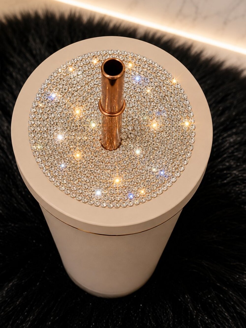 Beige Rhinestone Bling Tumbler Cup with Rose Gold Straw | 500ml - Picture 2 of 2